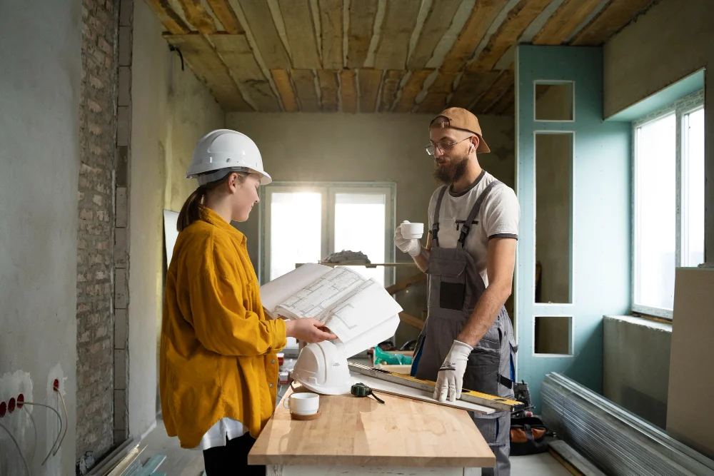 Mujer y hombre en construcción de casas modulares